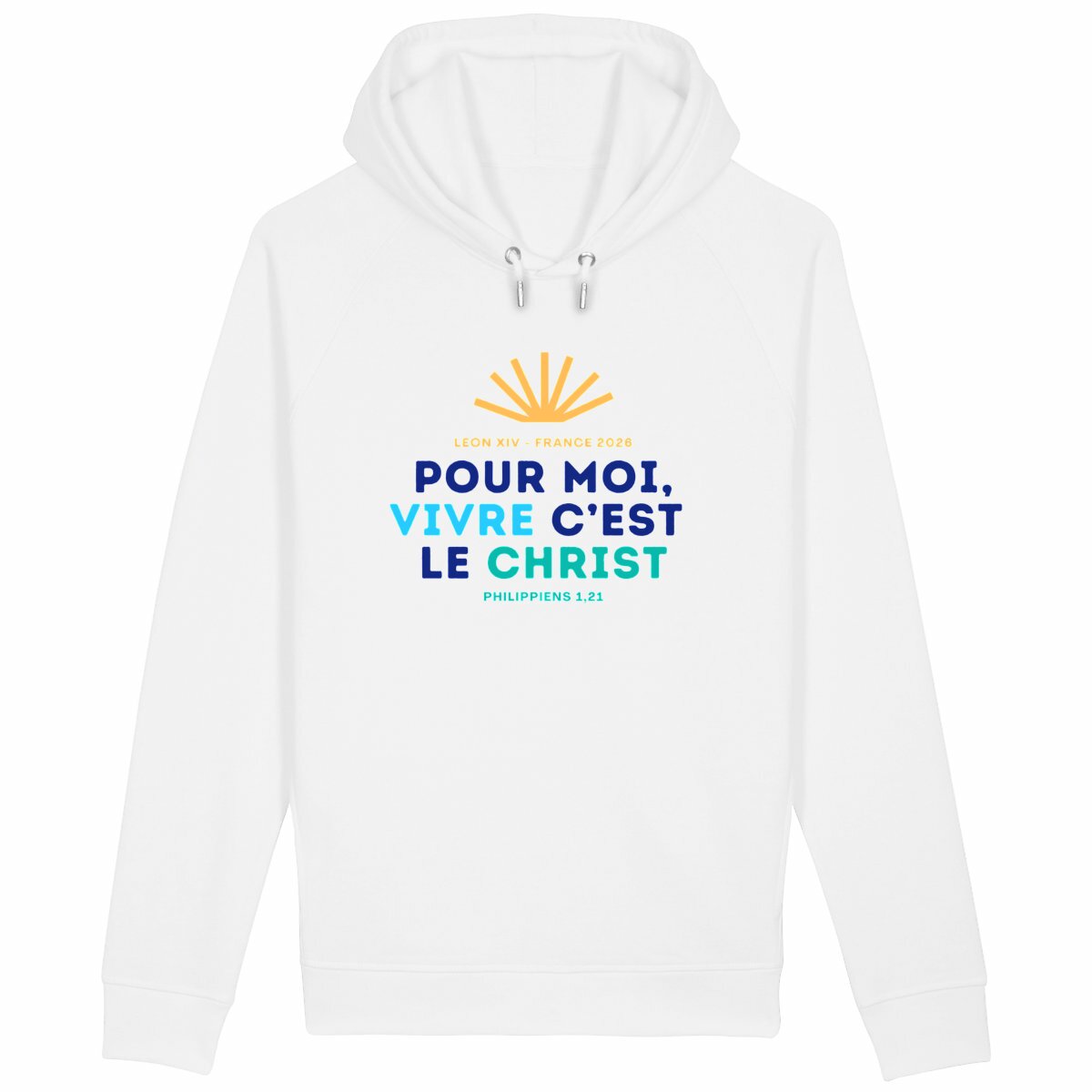 Sweat à capuche Pape Léon XIV "Pour moi, vivre c'est le Christ" - face_blanc