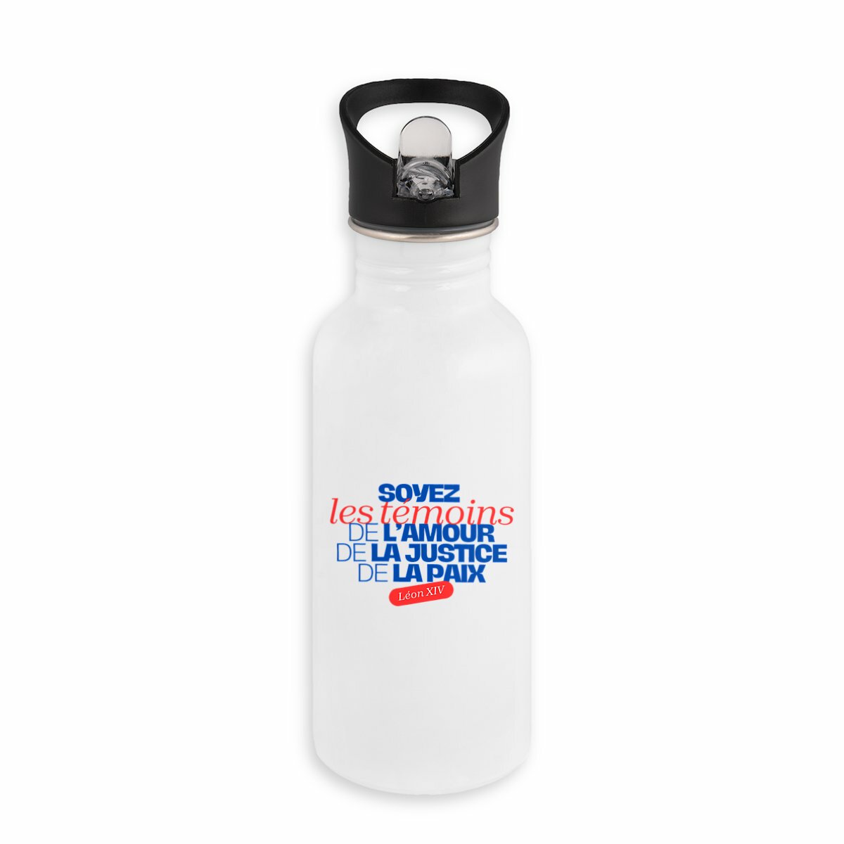 Gourde inox avec paille Pape Léon XIV "Soyez des témoins !" - face_blanc