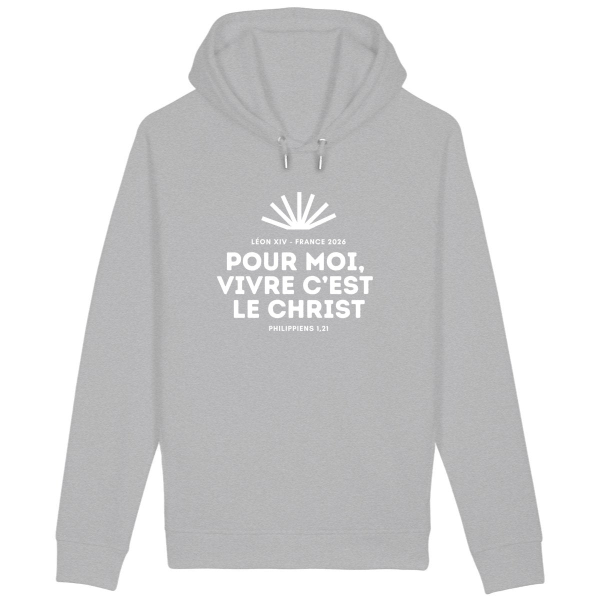 Sweat à capuche Pape Léon XIV "Pour moi, vivre c'est le Christ" - face_gris